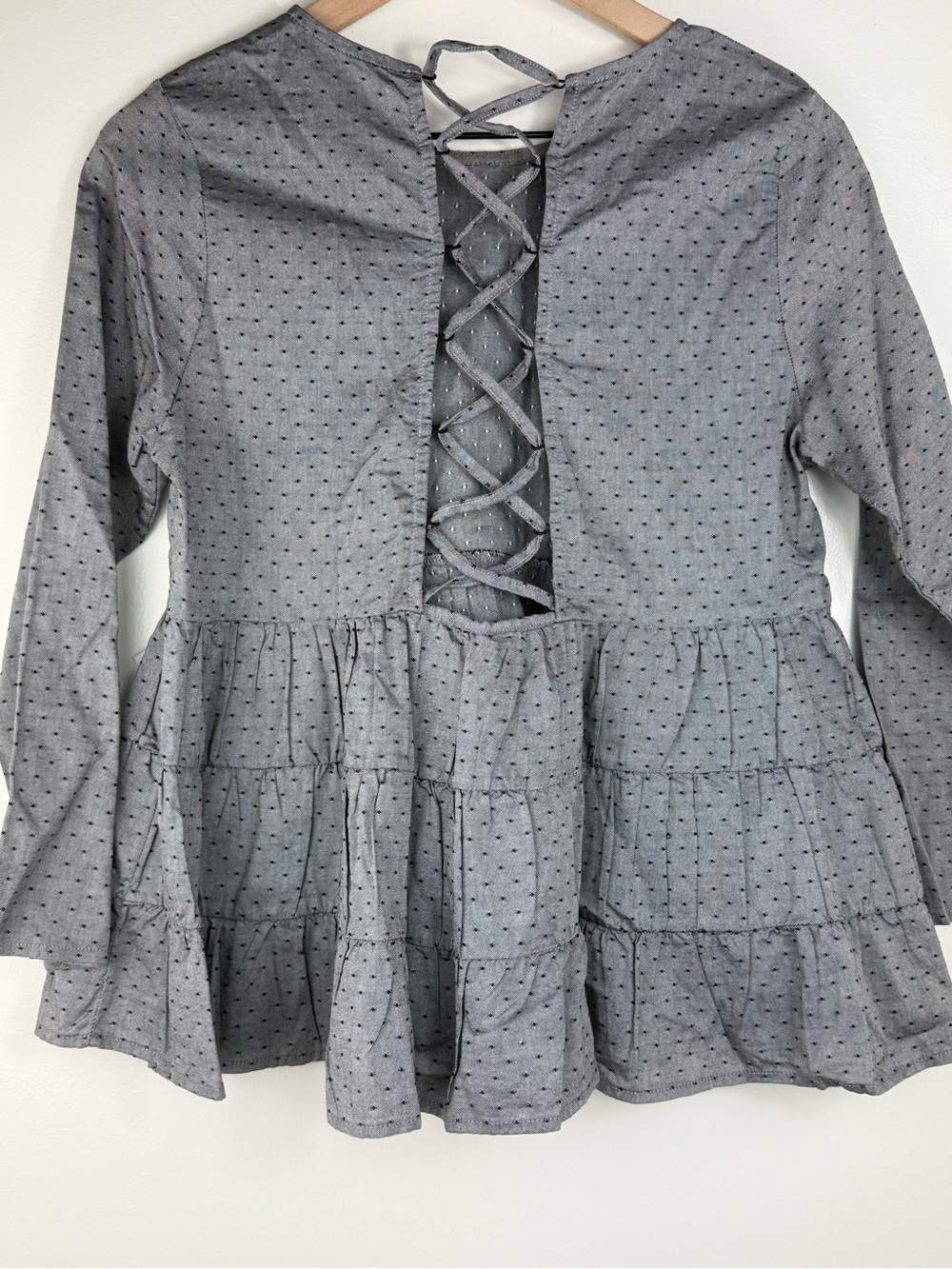 Sincerely Jules 100% Cotton Gray Dot Lace-Up Tiered Long-Sleeve Top